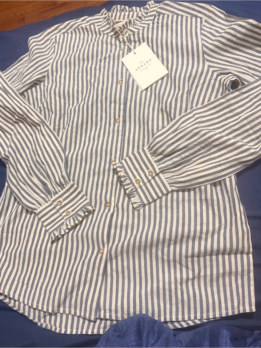 Sezane Blue and White Striped Casual Button-Down Shirt